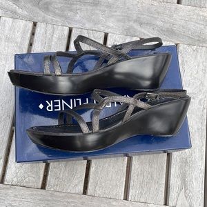 Donald J. Pliner Black Wedge Sandals with Metallic Straps